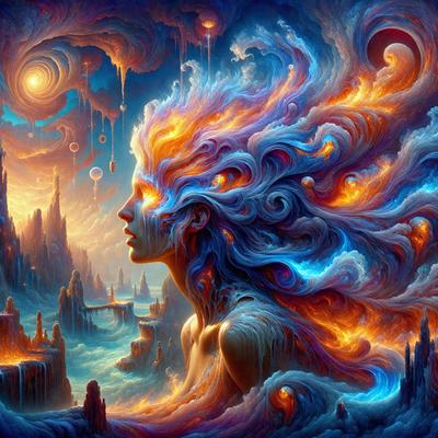The primary subject of the image is a woman with long hair, who appears to be a mermaid or a goddess. She is surrounded by a vibrant and colorful environment, which includes a blue sky, a castle, and a cityscape. The setting suggests a fantasy or mythical atmosphere. The visual style of the image is digital art, as it is a detailed and intricate illustration. The dominant colors in the image are blue, orange, and purple, creating a lively and magical mood